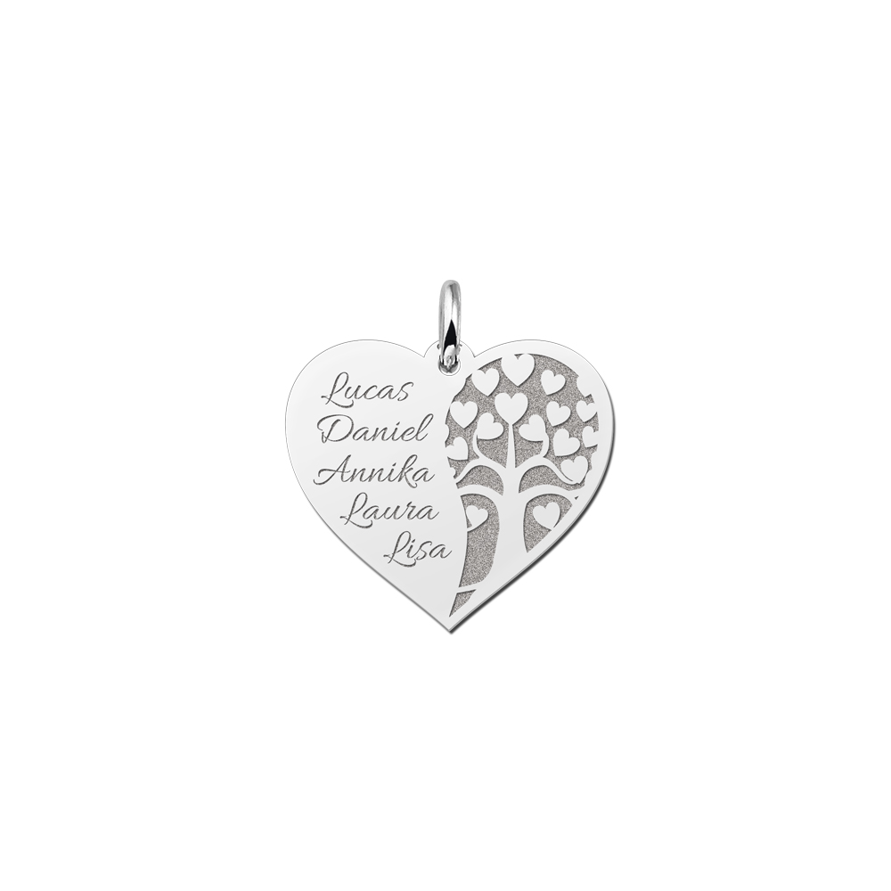 Silver family necklace heart shape with tree of life and names
