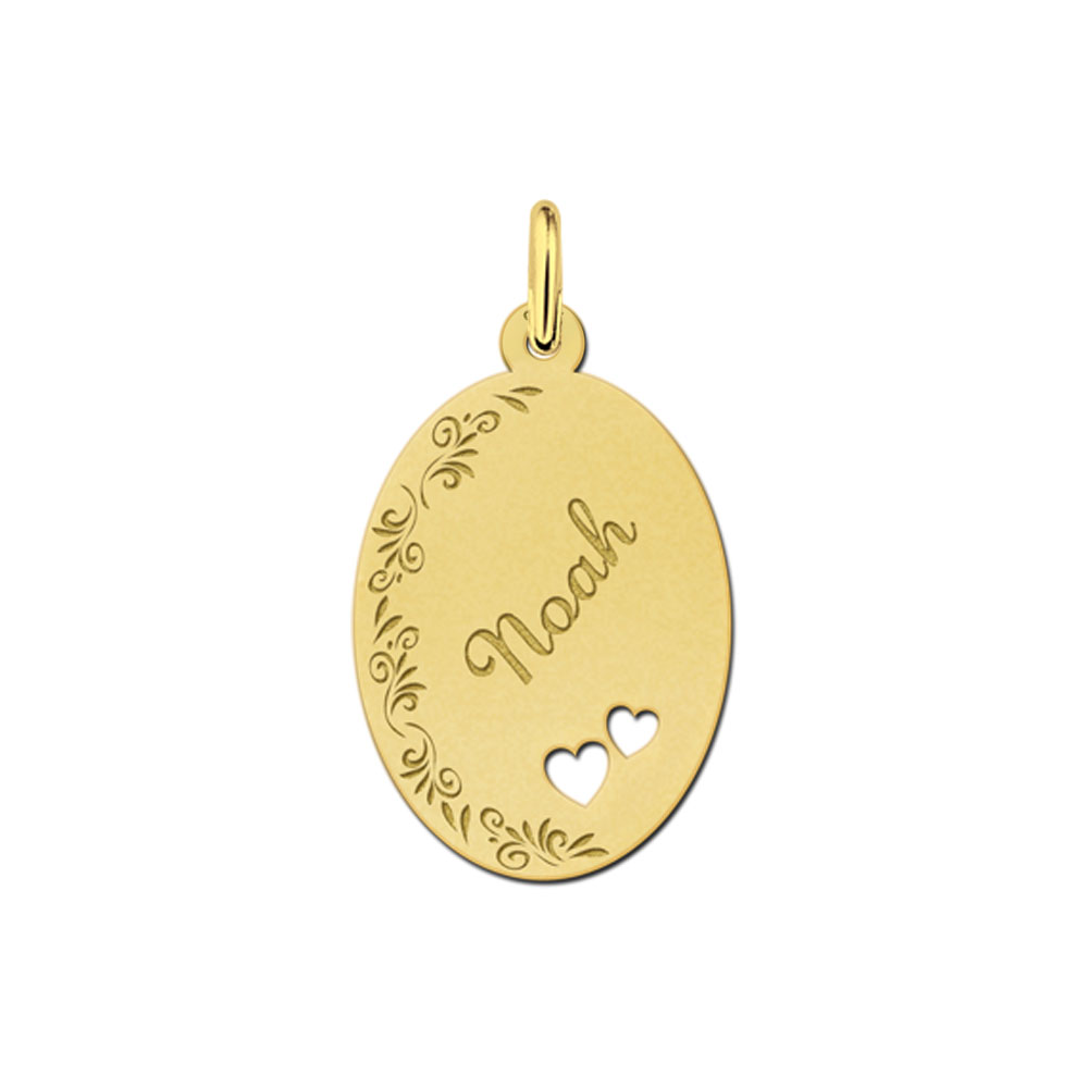 Gold-plated oval pendant with floral border and two hearts