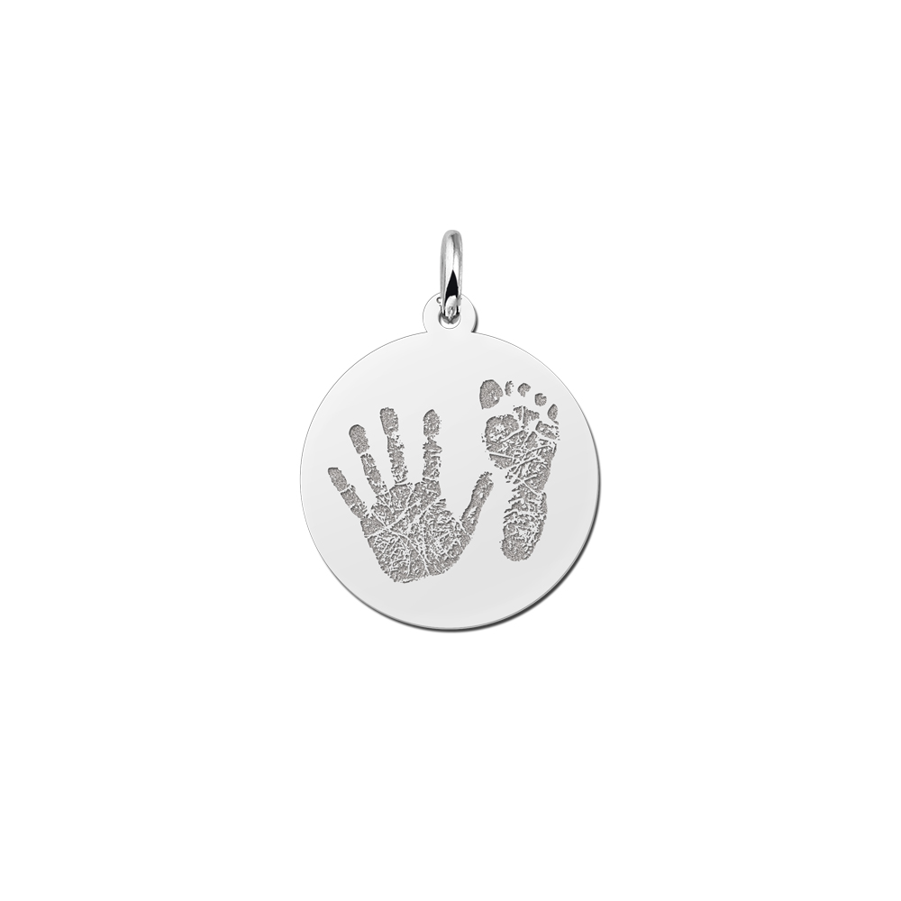 Silver round handprint pendant
