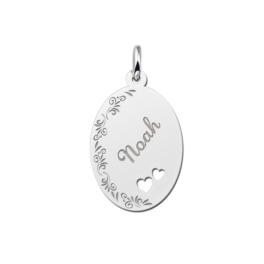 Silver oval pendant floral border & two hearts