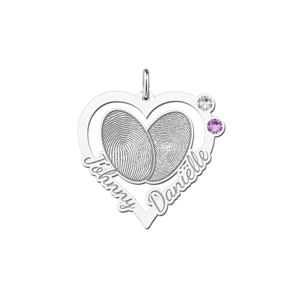 Silver heart pendant with two fingerprints, names and birthstones