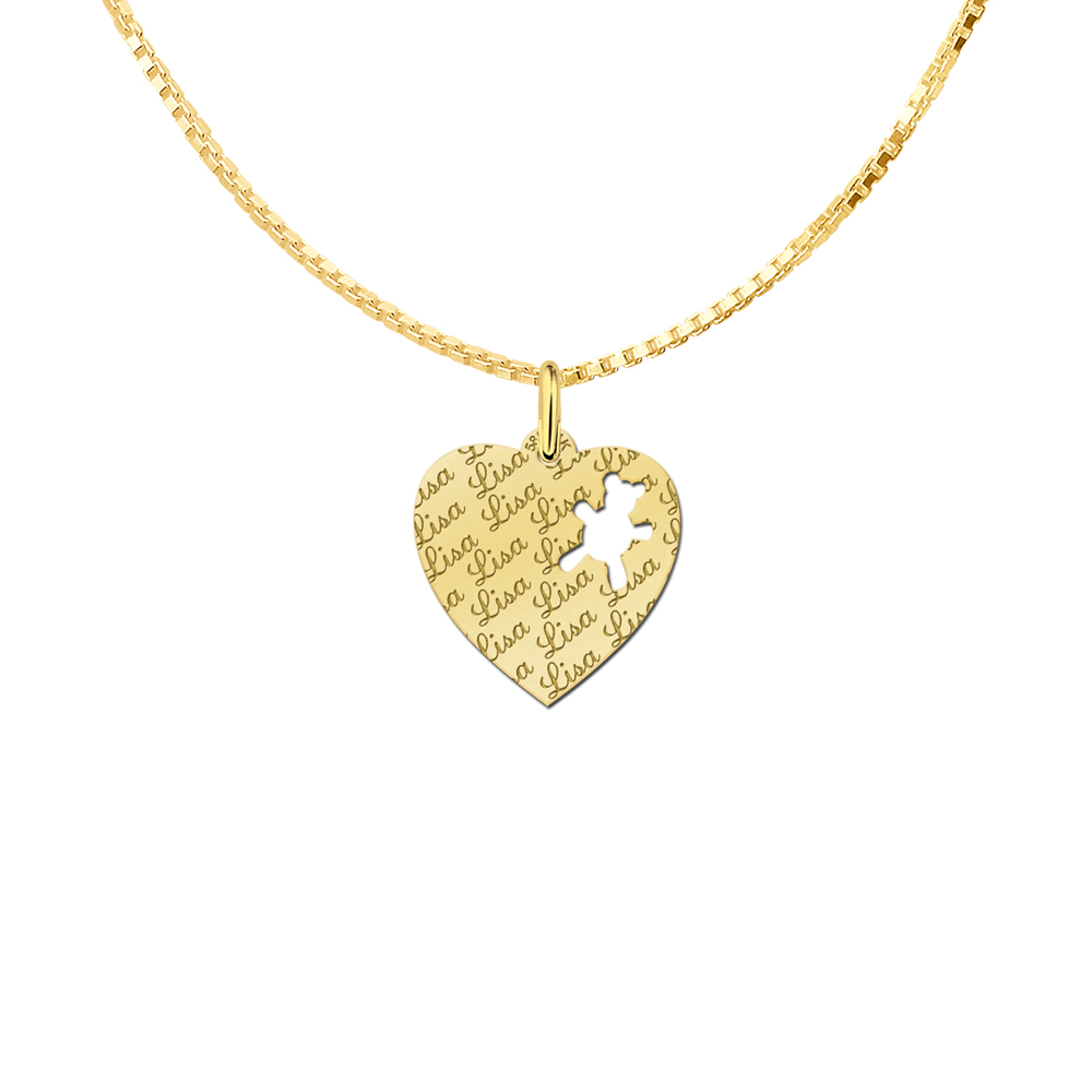 Fully Engraved Gold Heart Necklace with Bear