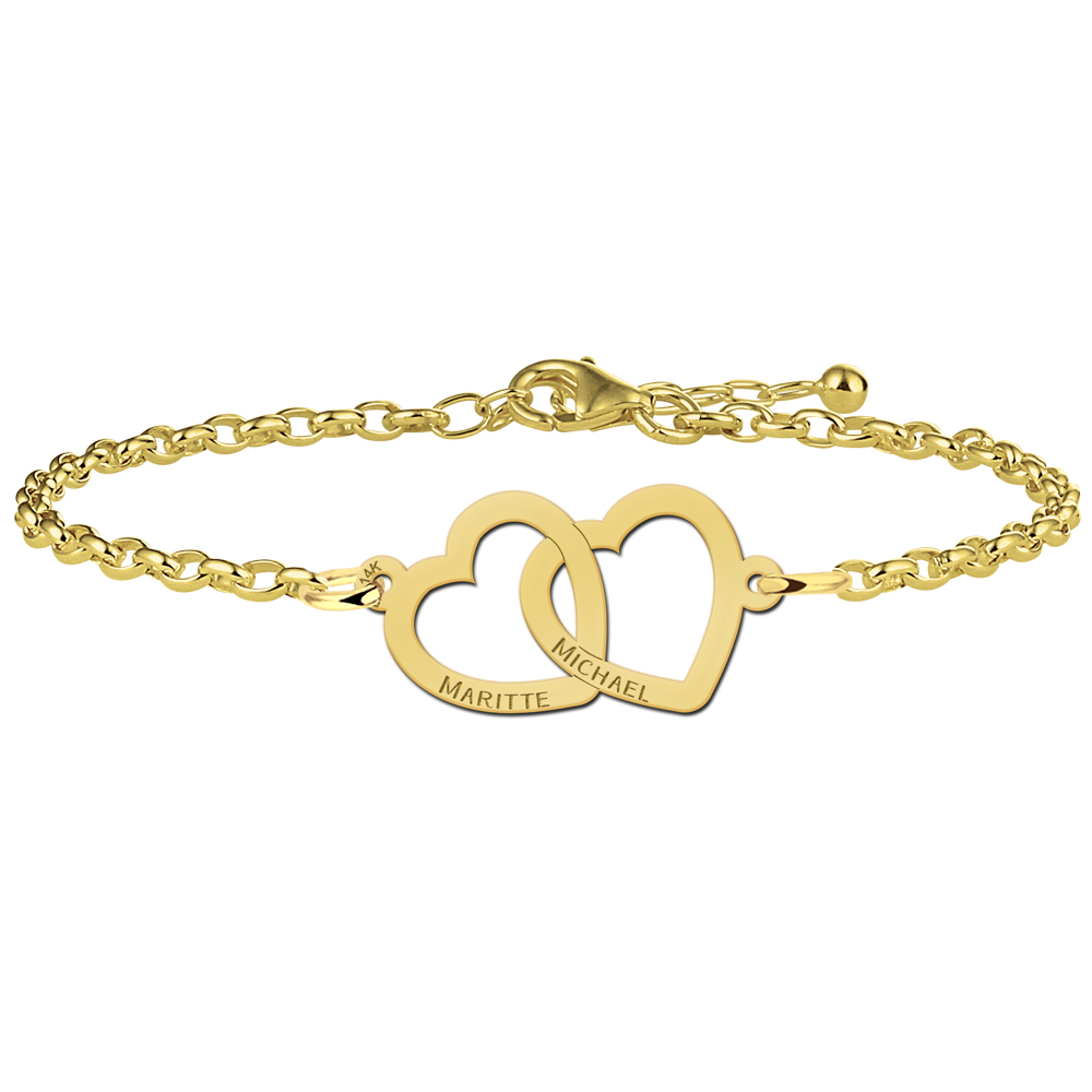 14k gold bracelet with two linked hearts and names
