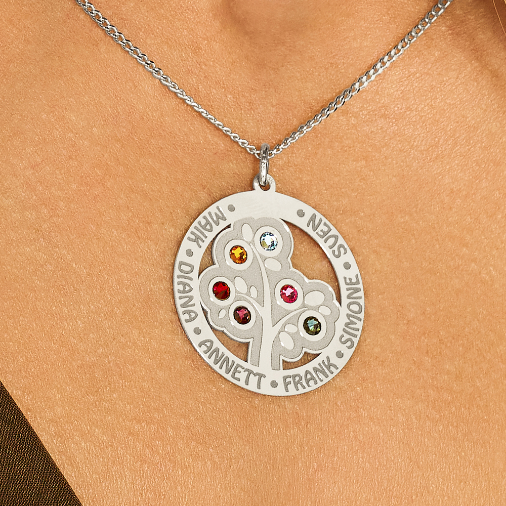 Family Tree Pendant of Silver with Birthstones