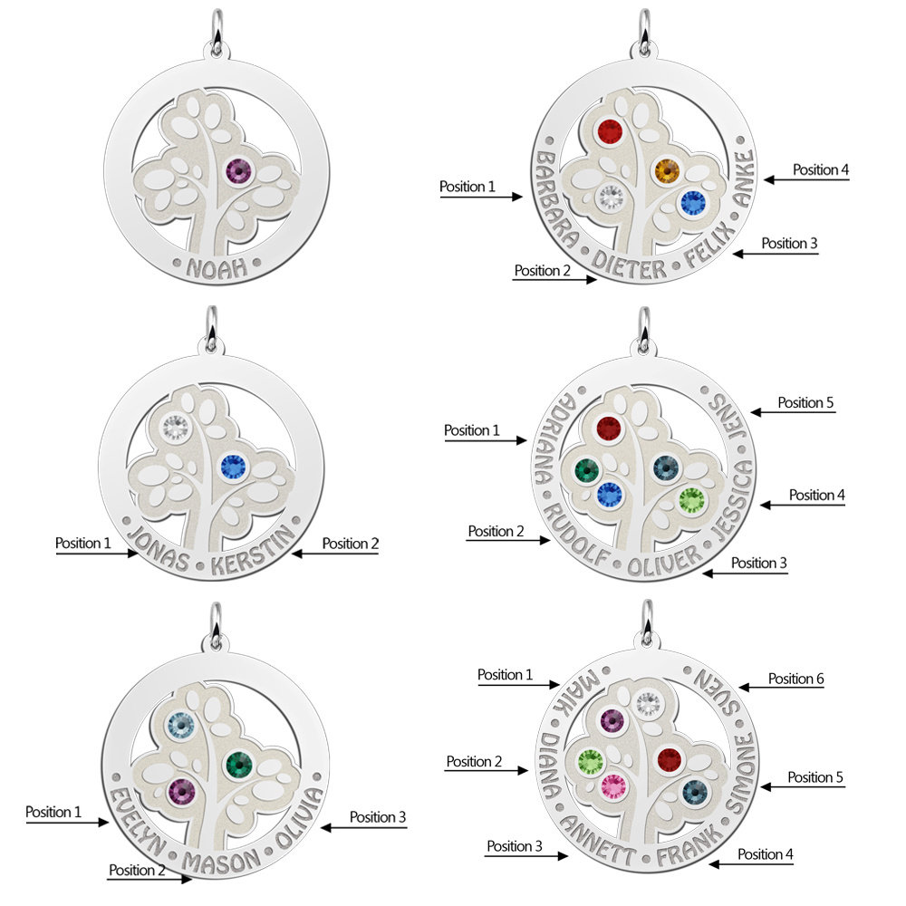 Family Tree Pendant of Silver with Birthstones