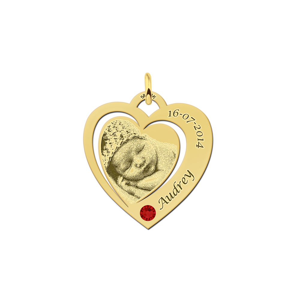Photo pendant heart with Swarovski crystal gold