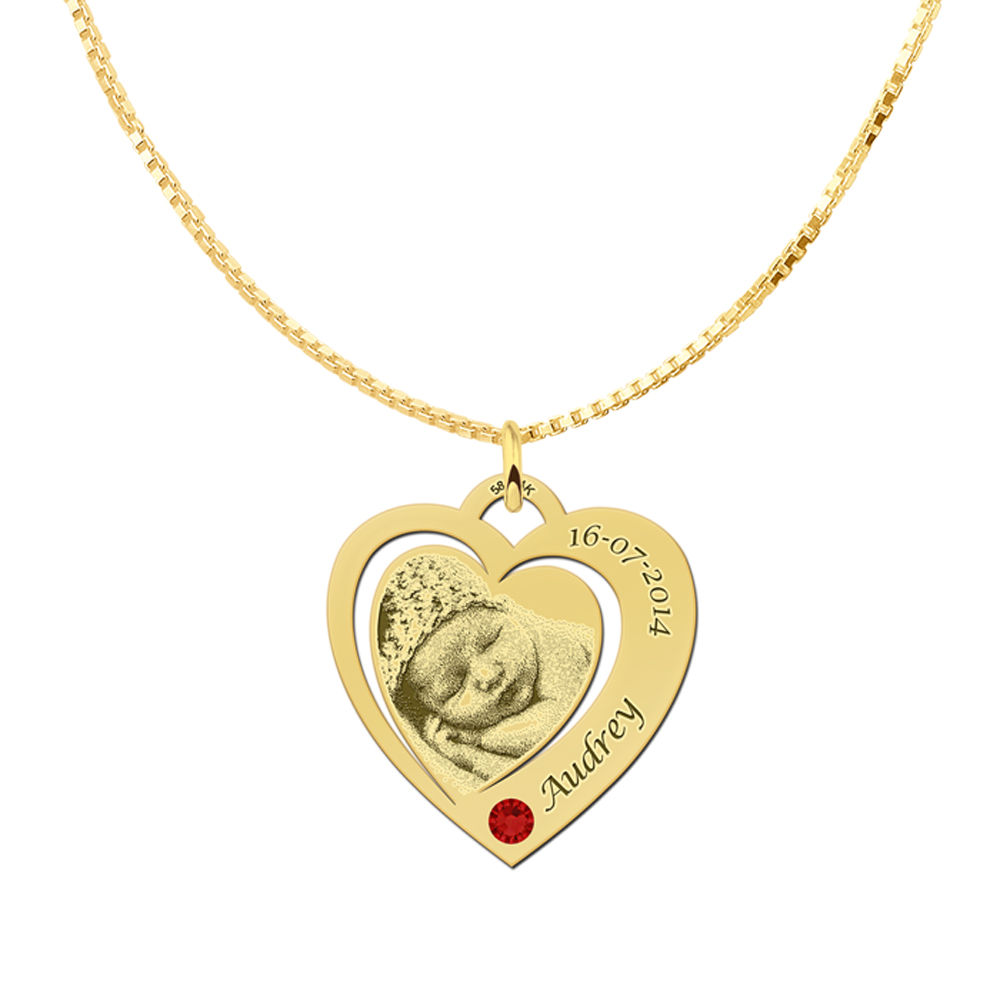 Photo pendant heart with Swarovski crystal gold