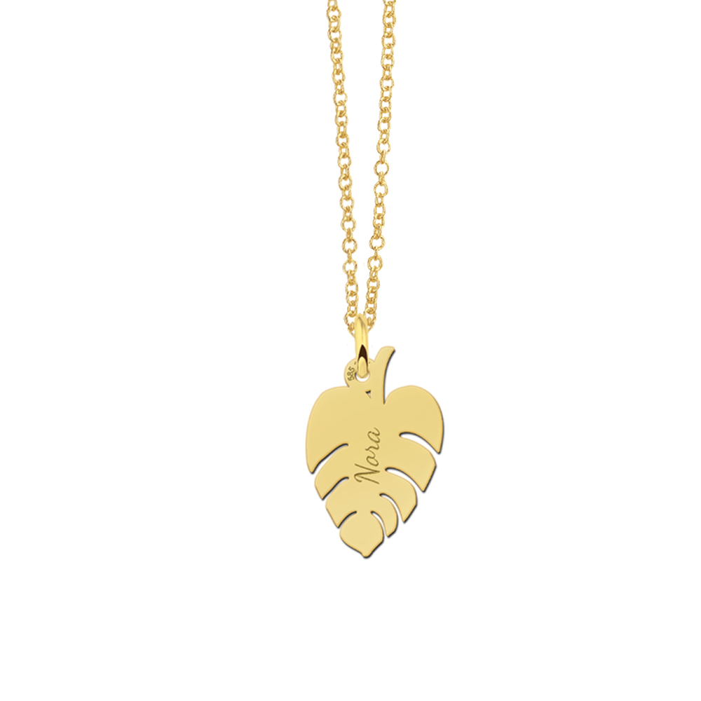 Gold minimalist leaf pendant with name