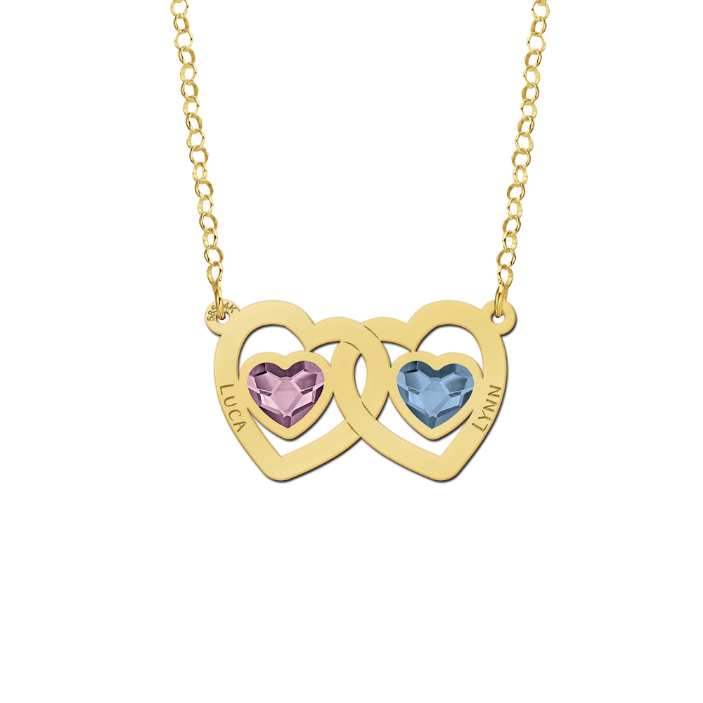 Gold family necklace with two heart swarovski stones