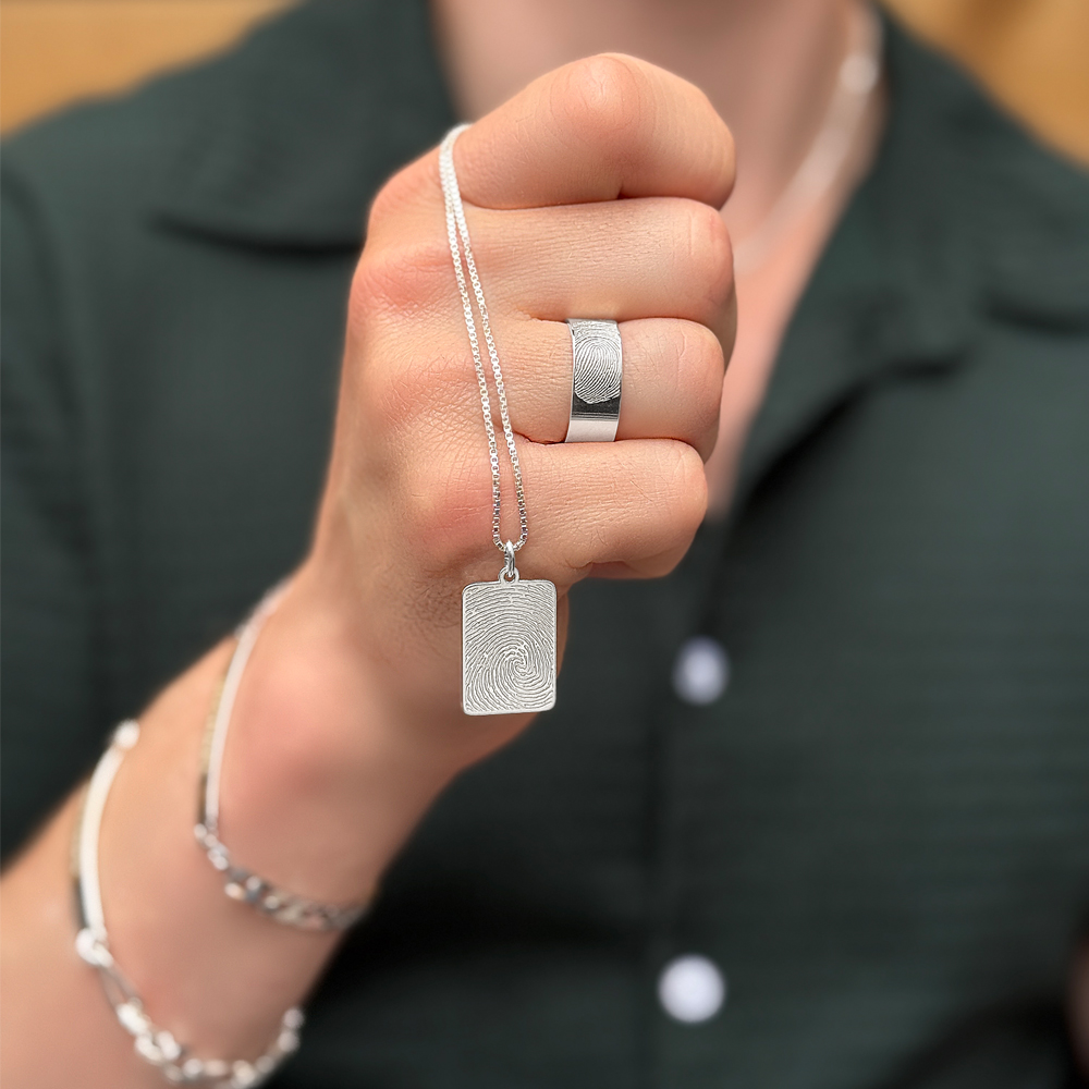 Silver rectangular pendant with full fingerprint