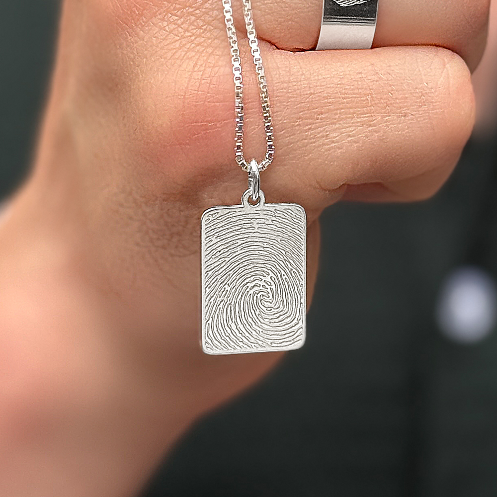 Silver rectangular pendant with full fingerprint