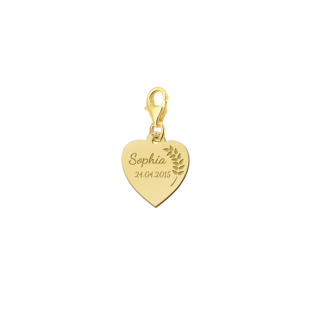 Gold Plated Heart Charm with Branch, Name and Date