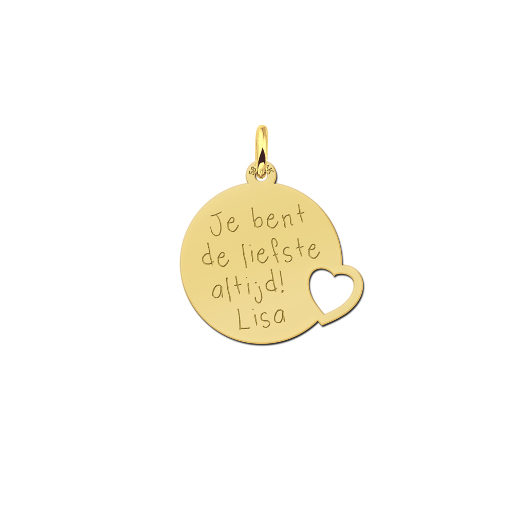 Gold Disc Pendant with Heart and Text Engraving