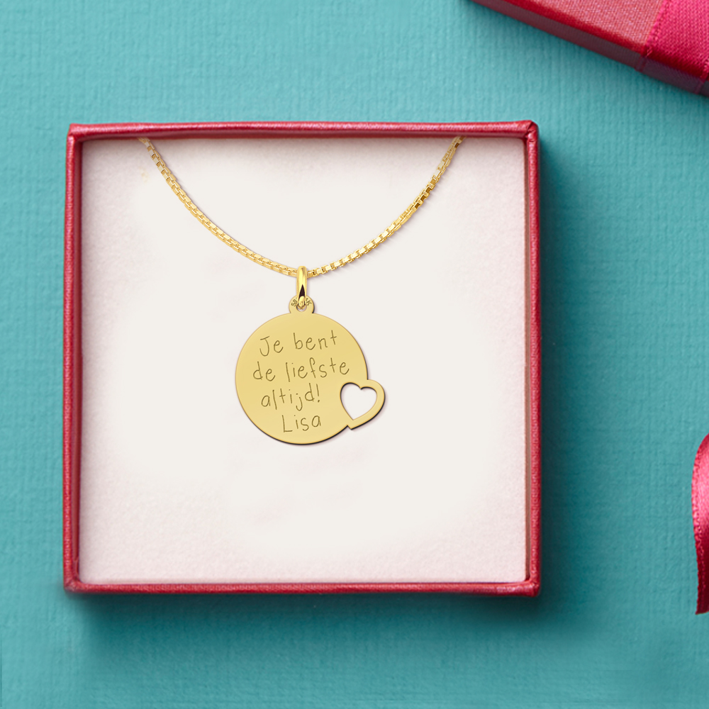 Gold Disc Pendant with Heart and Text Engraving