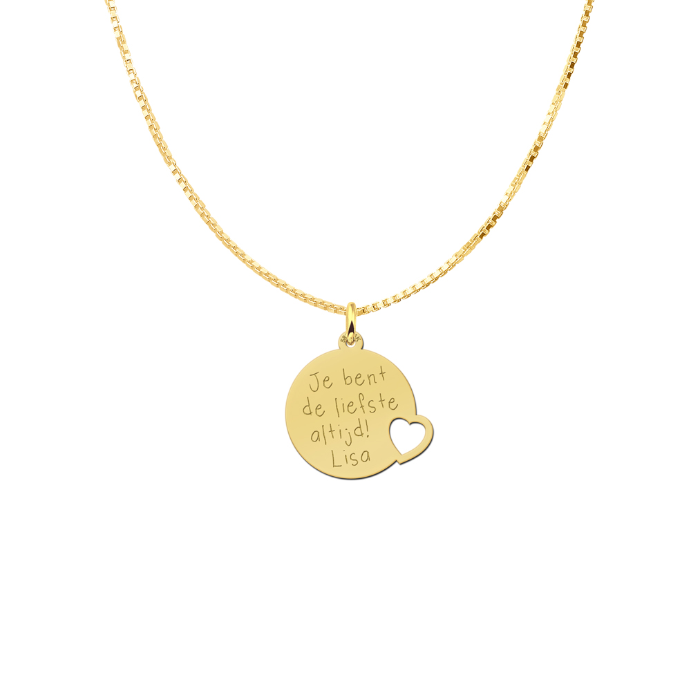 Gold Disc Pendant with Heart and Text Engraving