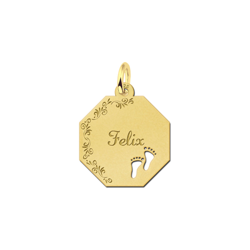 Gold-plated octagonal pendant with floral border and baby feet