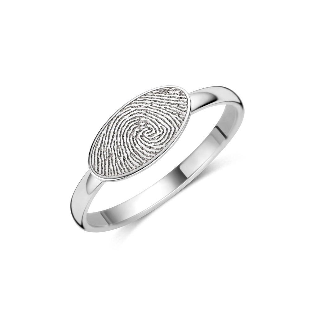 Silver horizontal oval signet ring with fingerprint