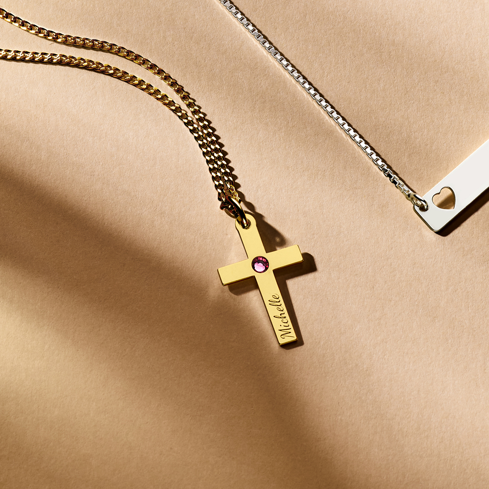 Golden Communion cross with zirconia and engraving