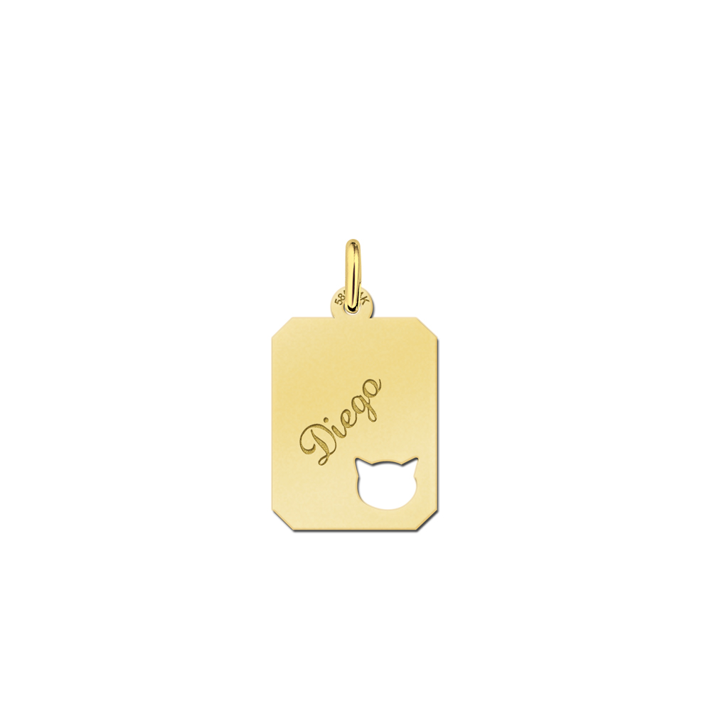 Gold engraved kids rectangle nametag catshead