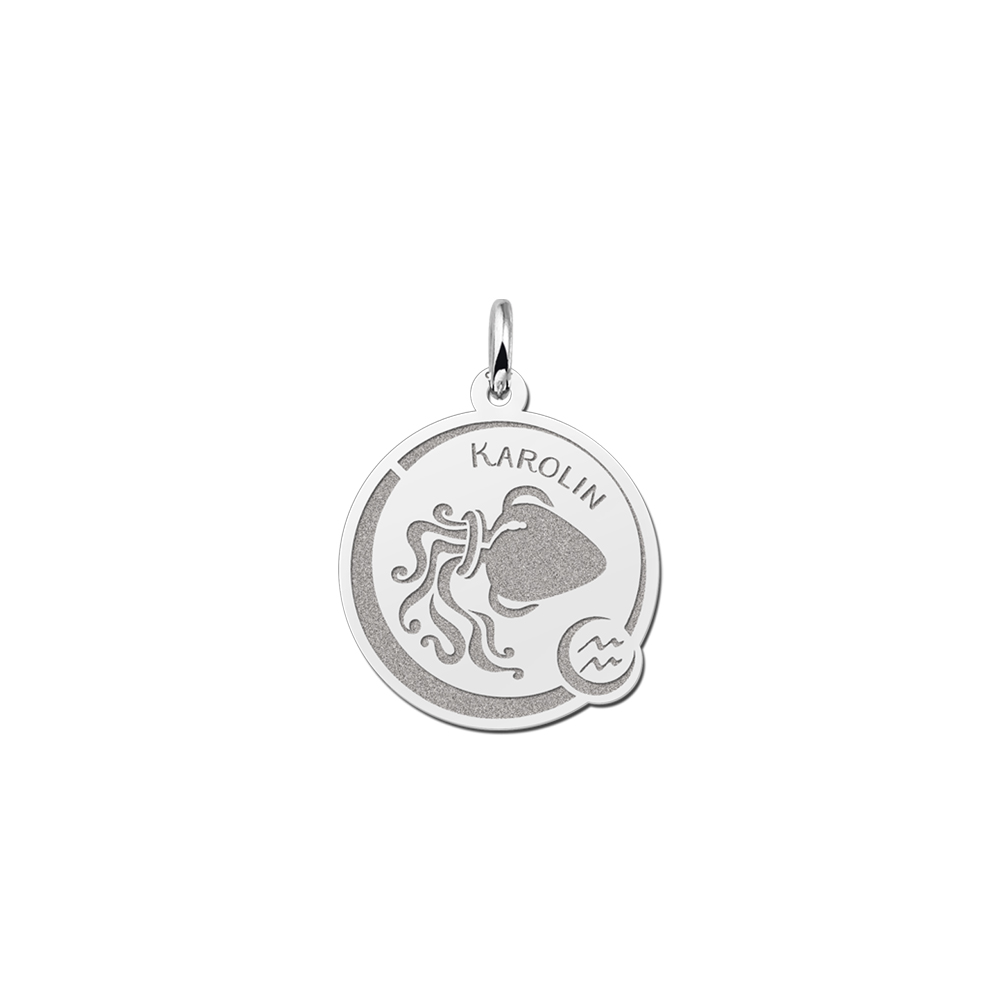 Silver Round Zodiac Pendant Aquarius with Name Engraving