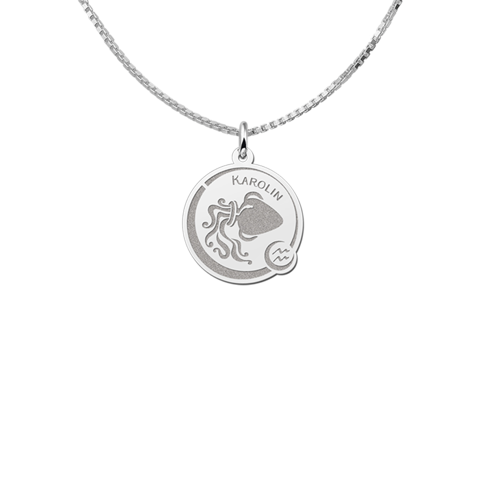 Silver Round Zodiac Pendant Aquarius with Name Engraving