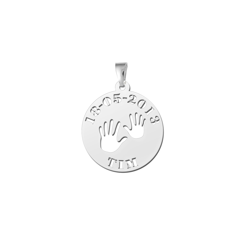 Silver Baby Pendant - Baby Hands with Name and Date