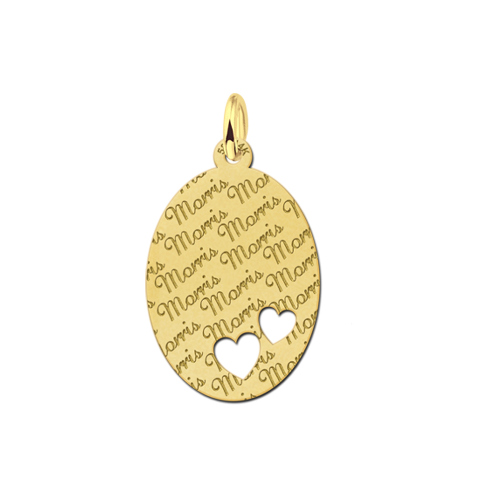 Fully Engraved 14ct Golden Oval Necklace with Two Hearts Large