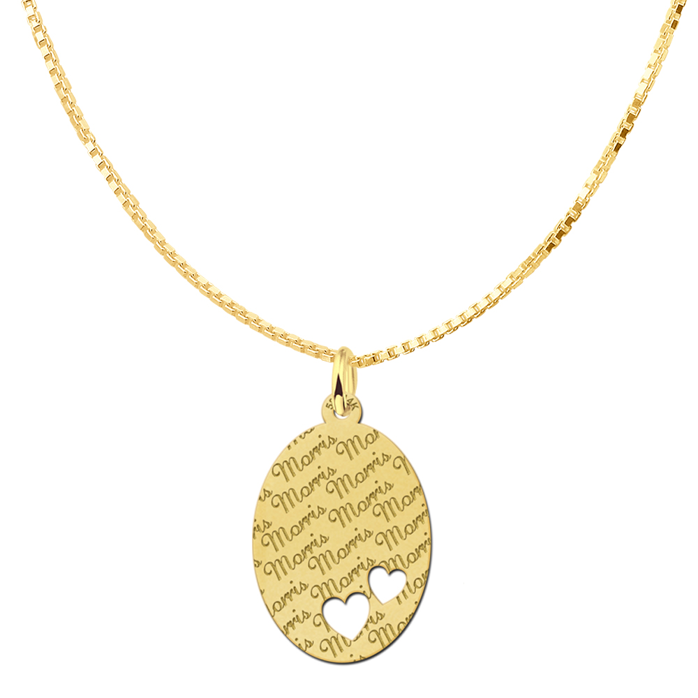 Fully Engraved 14ct Golden Oval Necklace with Two Hearts Large