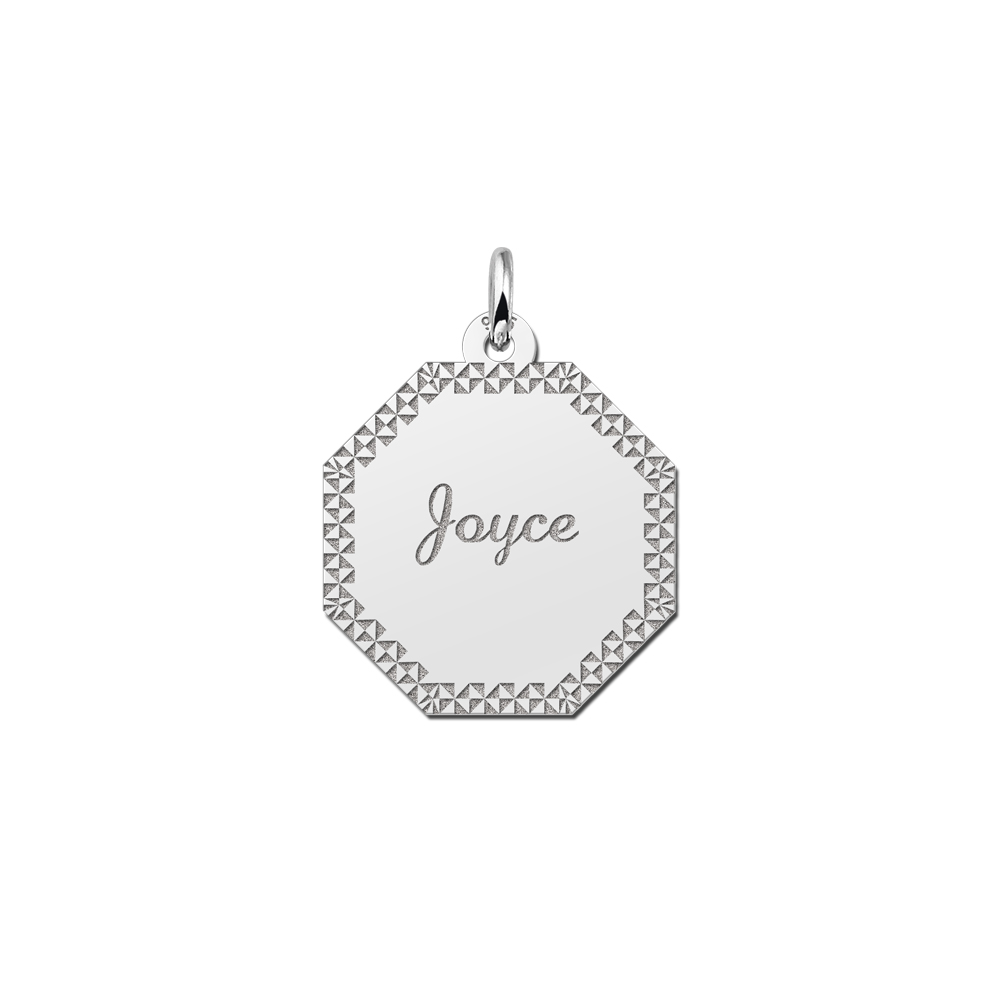 Silver octagonal pendant with patterned border and name