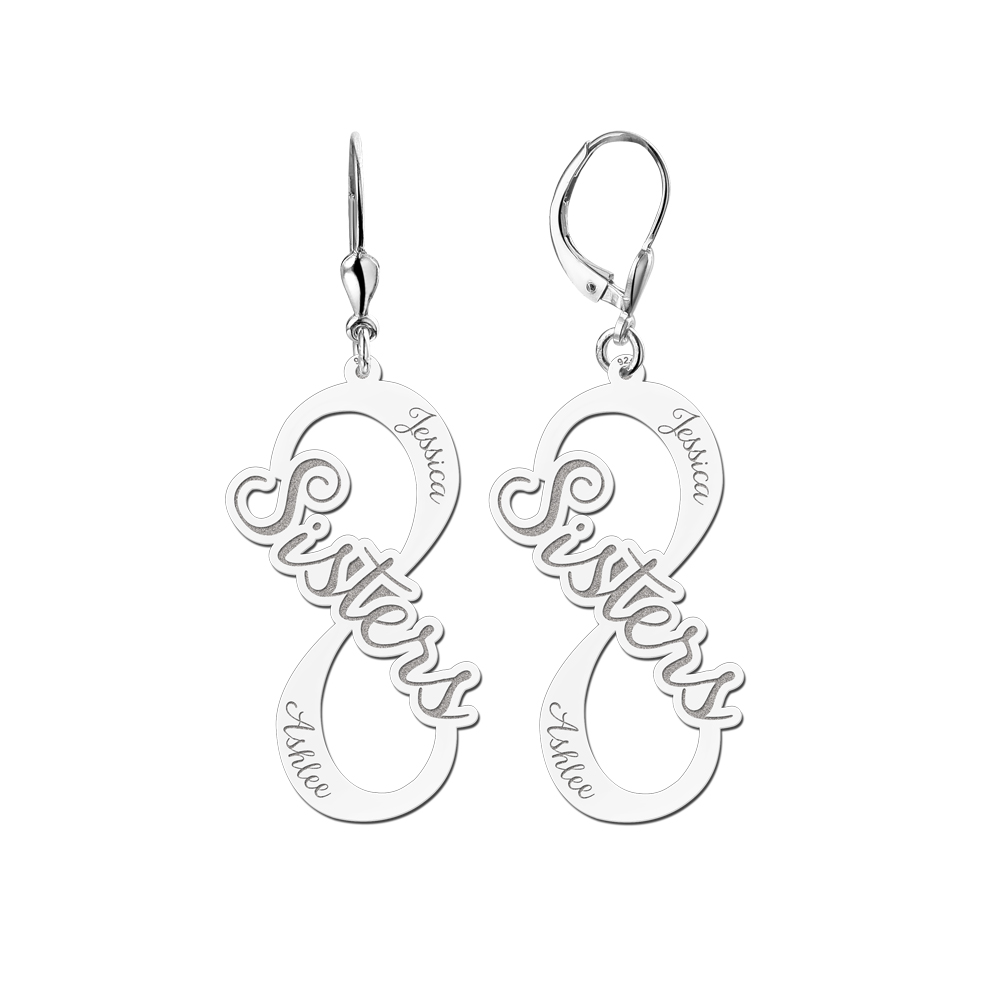 Silver infinity earrings with names model sisters